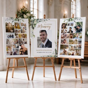Könnte beinhalten: Drei weiße rechteckige Gedenktafeln auf Holzstaffeleien. Die mittlere Tafel zeigt ein Porträt eines Mannes mit dem Text IN LOVING MEMORY MARTIN JONATHAN OCTOBER 10, 1985 - JULY 13, 2018. Die seitlichen Tafeln zeigen jeweils eine Fotocollage.