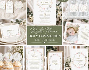 First Holy Communion Bundle for Girl, Editable Rustic Flower Communion Templates, Pink Communion Party Decorations, Printable DIY #HC31