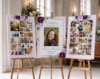 Purple Rose Funeral Collage Template Set of 3 Funeral Photo Collage Funeral Welcome Sign Bundle Memorial Poster Easel Display Memorial #F51C
