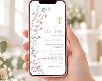 May include: A smartphone displaying a digital baptism invitation with a floral border of pink and white flowers, a gold cross icon, and text reading Join us to celebrate the baptism of our daughter Catherine Williams at Saint Augustine Georgia.