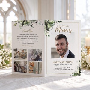 Plantilla editable para programa funerario, homenaje funerario, orden de servicio con motivos vegetales, programa de celebración de la vida, descarga instantánea #F116