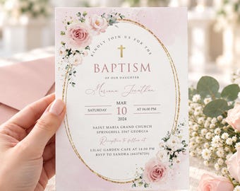 May include: A rectangular baptism invitation card featuring a gold oval frame, pink floral accents, and a gold cross. The text reads: Kindly join us for the baptism of our daughter, Mariana Jonathan, Saturday, March 10, 2024, at 04:00 PM.