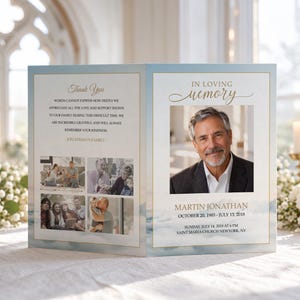 Plantilla editable para programa funerario, memorial funerario, orden del servicio Blue Sky Heaven, programa de celebración de la vida, descarga instantánea F118