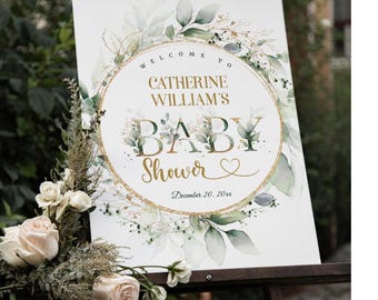 Greenery Baby Shower Welcome Sign Template Eucalyptus Shower Poster Signage Gender Neutral Printable Digital Download BB142