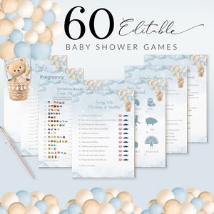Giochi modificabili per baby shower con orsi stampabili, Bingo a tema con mongolfiere blu per bambini Il prezzo è giusto, Download immediato di giochi per bambini #BB53