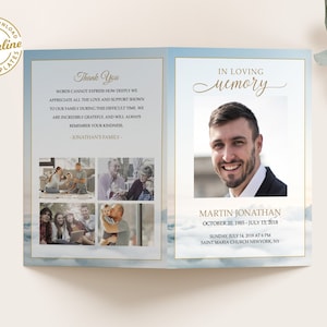 Puede incluir: Una tarjeta conmemorativa azul y blanca con una foto de un hombre y un mensaje que dice "En memoria cariñosa, Martin Jonathan, 20 de octubre de 1965 - 13 de julio de 2018, domingo 14 de julio de 2018 a las 6 PM, Iglesia de Santa María, Nueva York, NY".