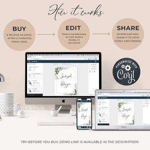 May include: A computer screen shows a website with a green and white floral design. The website is for a service that allows users to personalize and share digital designs. The text on the screen says "Sample Design".