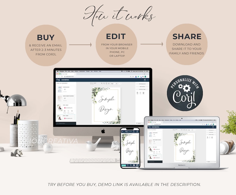 May include: A computer screen shows a website with a green and white floral design. The website is for a service that allows users to personalize and share digital designs. The text on the screen says "Sample Design".