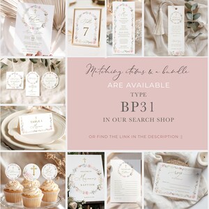 May include: A set of printable baptism party decorations with floral designs and gold accents. The set includes a table number card, a welcome sign, a favor tag, and a baptism invitation. Matching items and a bundle are available in the shop.