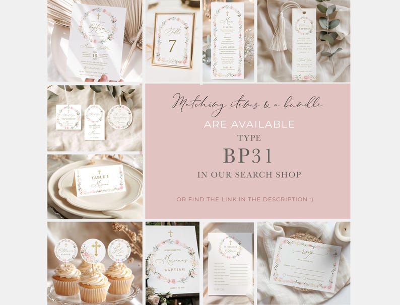 May include: A set of printable baptism party decorations with floral designs and gold accents. The set includes a table number card, a welcome sign, a favor tag, and a baptism invitation. Matching items and a bundle are available in the shop.