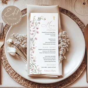 Plantilla de menú de BAUTISMO, menú de cena de primera comunión, menú de bautizo de niña de flores silvestres, plantilla de menú editable e imprimible #BP56