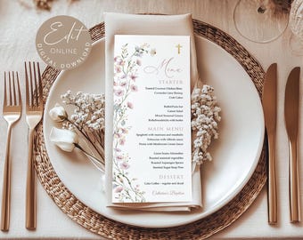 BAPTISM Menu Template, First Communion dinner menu, Bautizo Wildflower Girl Christening Menu Card Printable Editable Menu Template #BP56