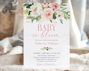Könnte beinhalten: Eine Babyparty-Einladung mit einem floralen Design mit rosa und weißen Blumen. Der Text lautet "BABY in bloom" und enthält das Datum, die Uhrzeit und den Ort der Veranstaltung. Die Einladung enthält auch den Namen "Catherine Williams".