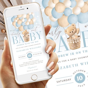 Digital Blue Teddy Bear Baby Shower Evite Invitation Teddy Bear Mongolfiera Smartphone invita Download istantaneo modificabile #BB53