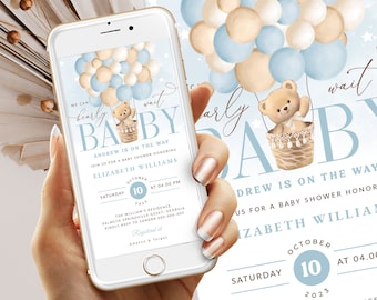 Blå nallebjörn babyshower-evenemang: Inbjudan till luftballong (digital nedladdning)
