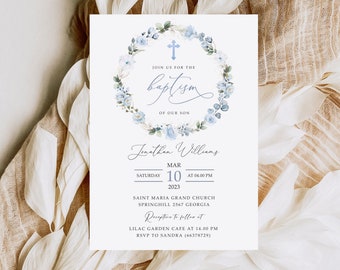 Baptism Invitation Template, Rustic Blue Flowers, Editable, Blue Baptism Invite Card Printable, Rustic Baptism, INSTANT Download #BP52