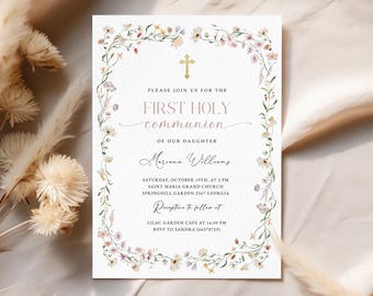 Girl Wildflower Holy Communion Invitation Template, Holy Communion Invite, Girl Invitation, Pink Invite Instant Download #HC65
