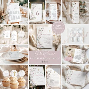 Girls Baptism Bundle Template, Pink Wildflower Baptism, Printable Baptism Bundle, Instant Download, Baby Christening Package Decor #BP56