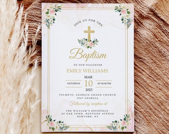 Girl Baptism Invitation Template Pink Watercolor, Pink Rose Floral Baptism Invite Instant Download Printable Baby Christening #BP153