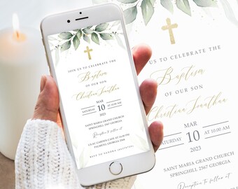 Electronic Baptism Invitation Template Greenery leaves, Digital Baptism Smartphone Greenery, Text Message, INSTANT Download, Editable, #BP88