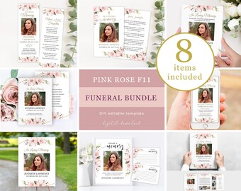 Funeral Templates Bundle, In Loving Memory Suite, Editable Celebration of Life Templates, Printable Funeral Memory Bundle Pink Roses F11