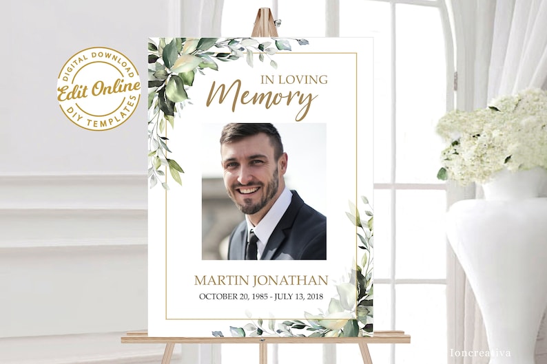 SET Funeral Heart Collage Templates, Greenery Funeral Photo Collage, Celebration of Life, Easel Display Memorial Poster