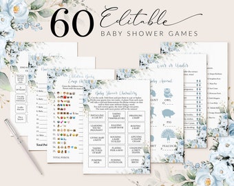 Puede incluir: Un conjunto de juegos de baby shower imprimibles con un diseño floral azul y blanco. Los juegos incluyen "Encuentra la palabra", "Cuestionario de emojis de libros infantiles", "Personajes de baby shower", "Más o menos" y "Animal de bebé".