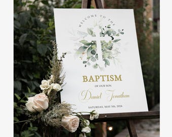 Greenery Baptism Welcome Sign | Eucalyptus Christening Poster | Gold Cross Baptism Sign | Editable Template #BP36