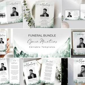 Beerdigung Bundle-Vorlage Grüner Berg für Männer und Frauen, Natur Feier des Lebens Bundle, bedruckbar In liebevoller Erinnerung Paket Reihe #F61