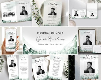 Funeral Bundle Template Green Mountain For Men And Women, Nature Celebration of Life Bundle, Printable In Loving Memory Package Suite #F61