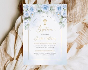 May include: Blue and white floral baptism invitation with gold lettering. The invitation reads "Kindly join us for the Baptism of our son Jonathan Williams. Sunday, March 22nd, at 10am Saint Maria Grand Church Springhill 2567 Georgia Reception to follow at Lilac Garden Cafe at 14.00 pm RSVP to Sandra (66378729)"