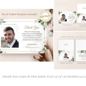 May include: A printable thank you card template with a green and white floral design. The card features a photo placeholder and the text "Thank You" in a gold font. The card is available in two sizes: 4x6 inches and 3.5x5 inches.