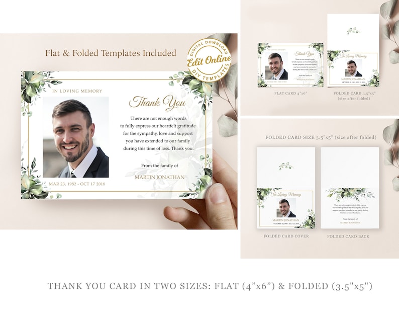 May include: A printable thank you card template with a green and white floral design. The card features a photo placeholder and the text "Thank You" in a gold font. The card is available in two sizes: 4x6 inches and 3.5x5 inches.