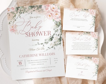 Editable Blush Pink Floral Baby Shower Invitation Template Printable Baby Shower Invite Girls Baby Shower invitation Instant Download #BB417