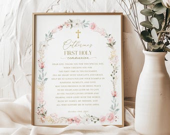 Editable Girls First Holy Communion Prayer Sign Template, Rustic Pink, Printable, Instant Download, Baby Christening Prayer Card #HC31