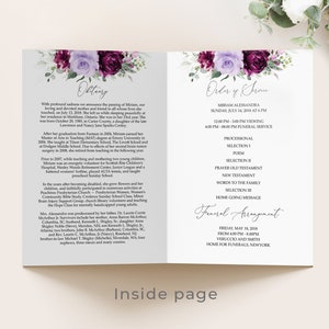 Editable Funeral Program Template, Funeral Memorial, Purple Roses Order Of Service, Celebration Of Life Program, Instant download