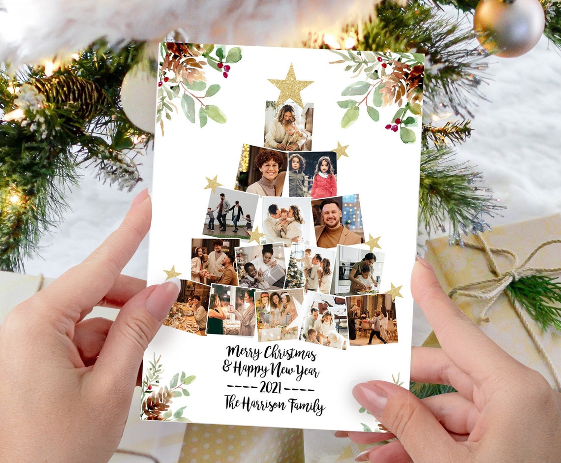 Tree Photo Cards Merry Christmas Photo Collage Card Template Christmas Tree Holiday Card ...