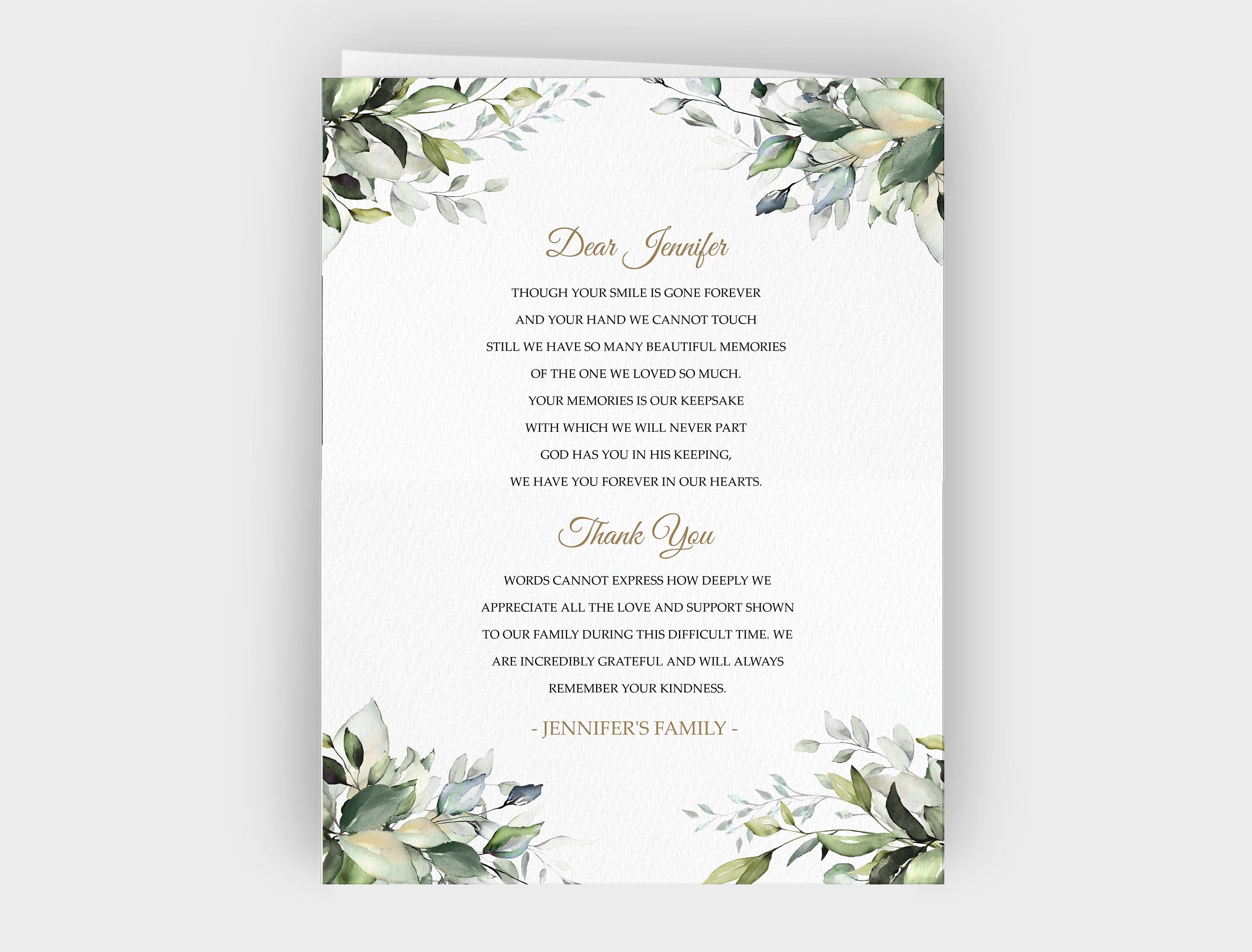 Editable Funeral Program Template Leaves Greenery Watercolour, Floral ...