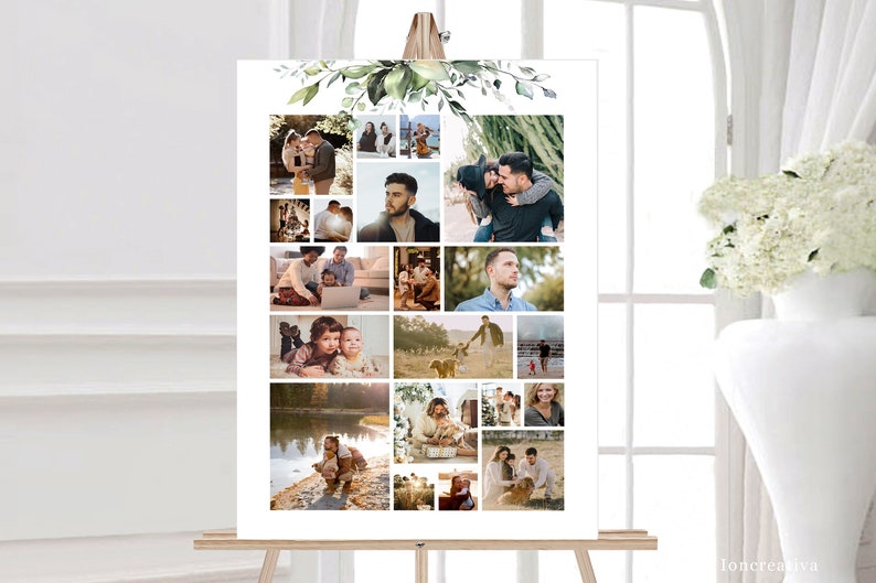 SET Funeral Heart Collage Templates, Greenery Funeral Photo Collage, Celebration of Life, Easel Display Memorial Poster