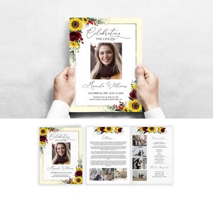 Plantilla de programa funerario editable de girasol amarillo Programa de servicio conmemorativo floral Programa de obituario Tamaño de carta plegable 8.5x11" #F48