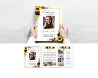 Yellow Sunflower Editable Funeral Program Template Floral Memorial Service Program Obituary Program Bi-Fold Letter Size 8.5x11" #F48