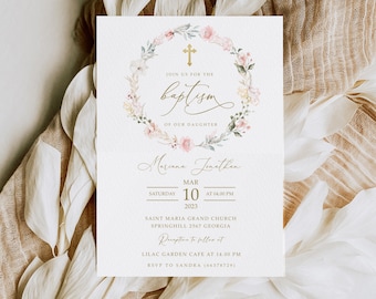 Girl Baptism Invitation Template, Pink Rustic Baptism, Printable Girls Baptism Invite, Instant Download, Baby Christening Invitation, #BP31