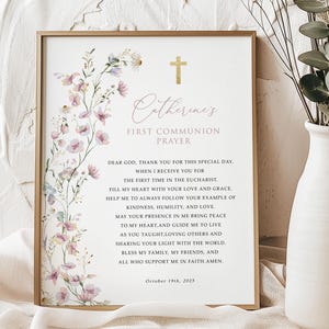 Modèle de panneau de prière modifiable pour la première communion pour les filles, fleurs sauvages roses, imprimable, téléchargement immédiat, carte de prière de baptême de bébé #HC56