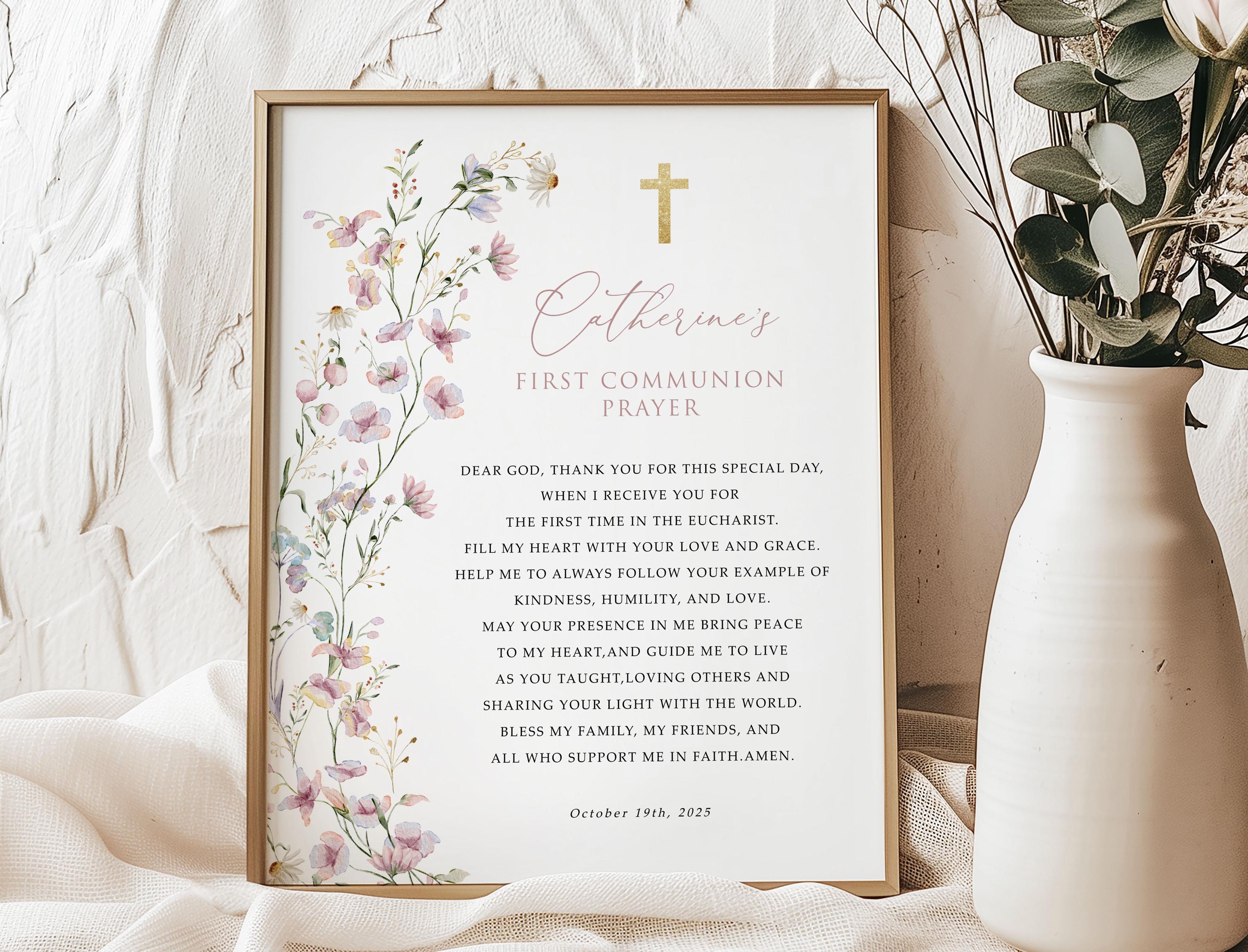 Editable Girls First Holy Communion Prayer Sign Template, Pink Wildflower, Printable, Instant Download, Baby Christening Prayer Card #HC56