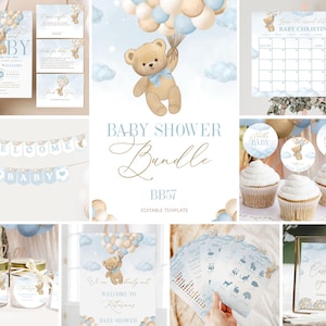 Bear Blue Balloon Baby Shower Invitation Bundle We Can Bearly Wait Baby Shower Invite Games Sign Bundle Bear Boy Baby Shower Printable BB57