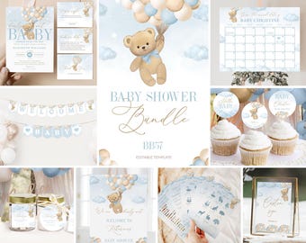 Bear Blue Balloon Baby Shower Invitation Bundle We Can Bearly Wait Baby Shower Invite Games Sign Bundle Bear Boy Baby Shower Printable BB57