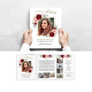 Rood roze Blush rozen bewerkbare begrafenisprogramma sjabloon Floral Memorial Service programma overlijdensbericht programma dubbelgevouwen lettergrootte 8,5x11" #F31