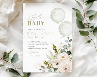 Sage Green Baby Shower Invitation Template, Gender Neutral Baby Shower, Greenery Floral Invitation Printable Sage Balloons Baby Shower BB141