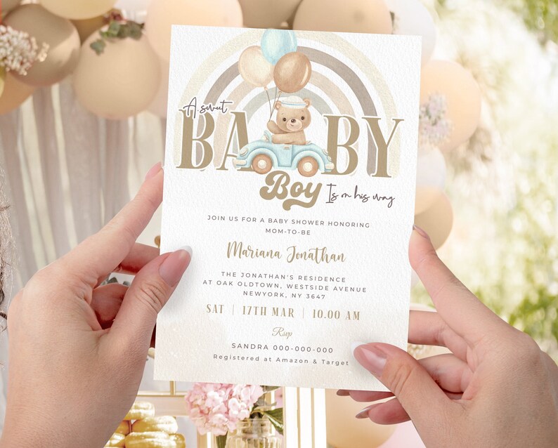 Editable Bear Baby Shower Invitation Template, Baby Boy is on His Way ...