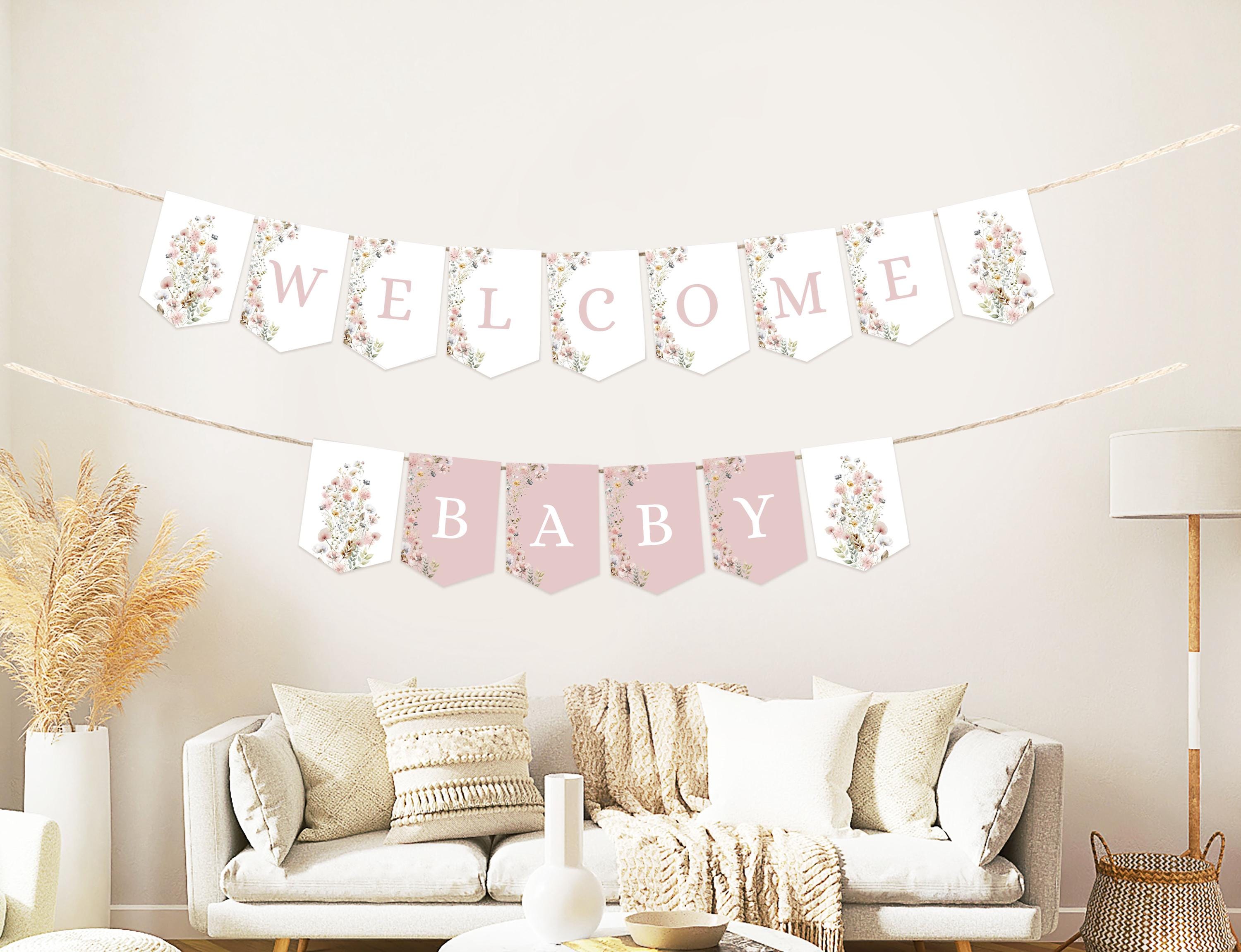 Editable Baby Shower Pennant Banner Template Pink Wildflower, Baby Shower Bunting, Girls Baby Shower Instant Download Digital Template #BB88